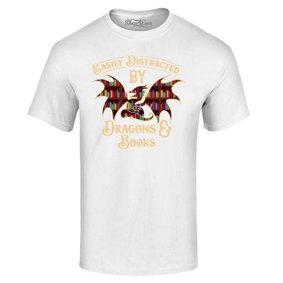 Shop4Ever Men's Easily Distracted by Dragons and Books Graphic T-shirt XXXX-Large White