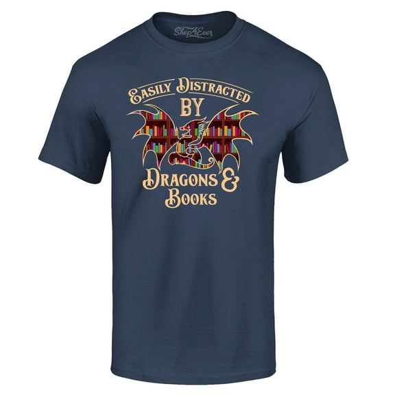 Shop4Ever Men's Easily Distracted by Dragons and Books Graphic T-shirt XXXXX-Large Navy