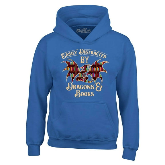 Shop4Ever Men's Easily Distracted by Dragons and Books Hooded Sweatshirt Hoodie Large Royal Blue