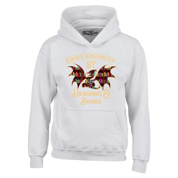Shop4Ever Men's Easily Distracted by Dragons and Books Hooded Sweatshirt Hoodie Medium White