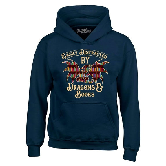 Shop4Ever Men's Easily Distracted by Dragons and Books Hooded Sweatshirt Hoodie XXX-Large Navy