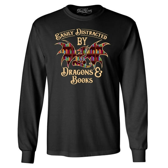 Shop4Ever Men's Easily Distracted by Dragons and Books Long Sleeve Shirt X-Large Black