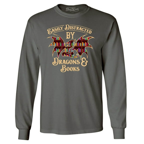 Shop4Ever Men's Easily Distracted by Dragons and Books Long Sleeve Shirt X-Large Charcoal