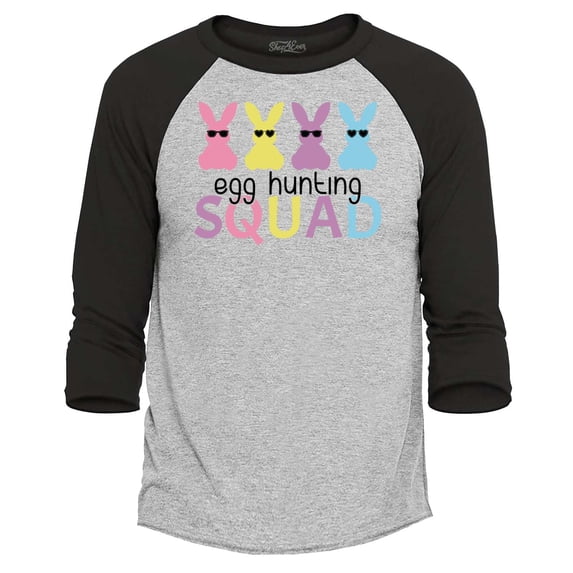 Shop4Ever Men's Easter Bunny Egg Hunting Squad Raglan Baseball Shirt XX-Large Heather Grey/Black