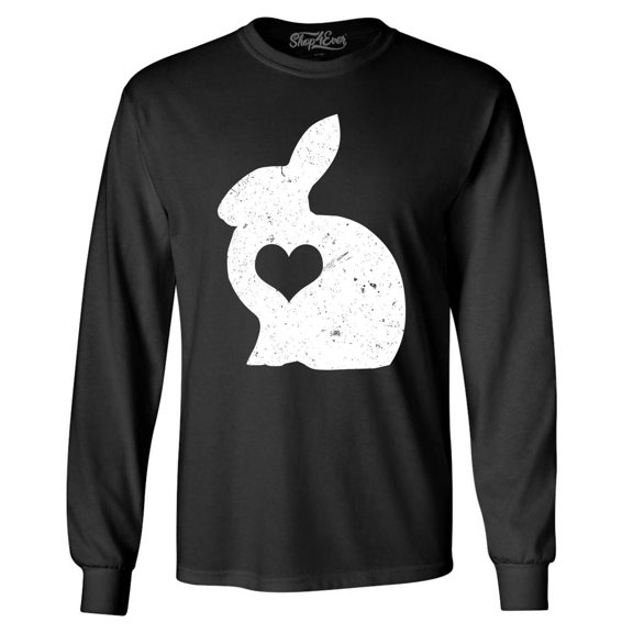 Shop4Ever Men's Easter Bunny Rabbit with Heart Long Sleeve Shirt Large Black