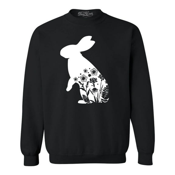 Shop4Ever Men's Easter Bunny Rabbit with Spring Flowers  Crewneck Sweatshirt Small Black