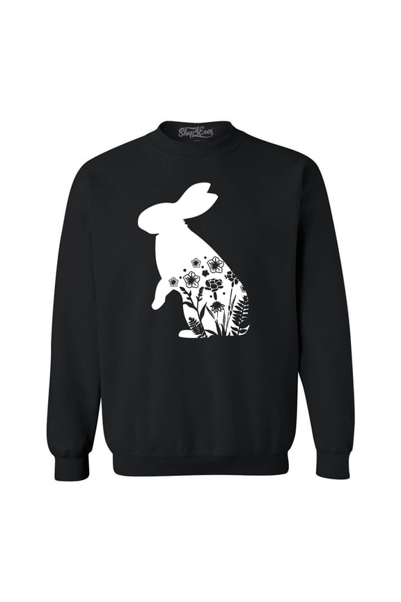 Men's Easter Bunny Rabbit with Spring Flowers Crewneck Sweatshirt XXXX-Large Black