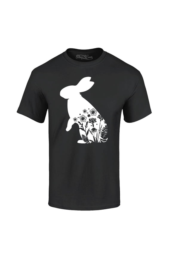 Men's Easter Bunny Rabbit with Spring Flowers Graphic T-shirt Large Black
