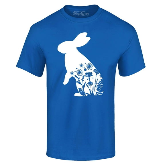 Shop4Ever Men's Easter Bunny Rabbit with Spring Flowers Graphic T-shirt X-Large Royal Blue