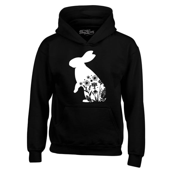 Shop4Ever Men's Easter Bunny Rabbit with Spring Flowers  Hooded Sweatshirt Hoodie Large Black