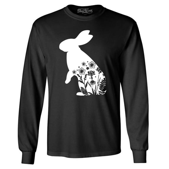 Shop4Ever Men's Easter Bunny Rabbit with Spring Flowers Long Sleeve Shirt Small Black