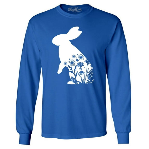 Shop4Ever Men's Easter Bunny Rabbit with Spring Flowers Long Sleeve Shirt X-Large Royal Blue