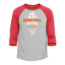 Shop4Ever Men's Eat Sleep Basketball Repeat Raglan Baseball Shirt Large Heather Grey/Red