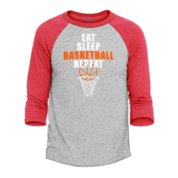 Shop4Ever Men's Eat Sleep Basketball Repeat Raglan Baseball Shirt X-Small Heather Grey/Red