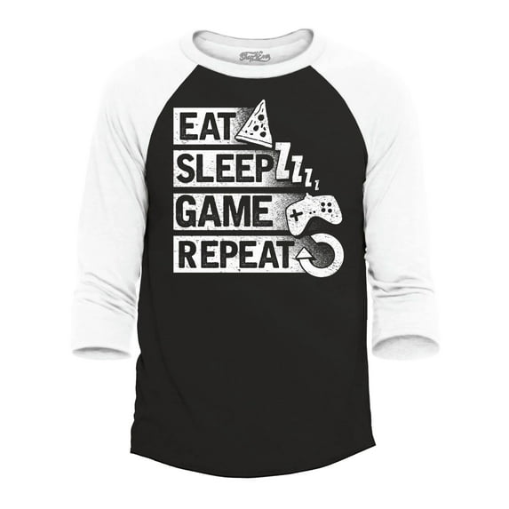 Shop4Ever Men's Eat Sleep Game Repeat Gamer Raglan Baseball Shirt Small Black/White