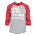 thumbnail image 1 of Shop4Ever Men's Eat Sleep Game Repeat Gamer Raglan Baseball Shirt X-Small Heather Grey/Red, 1 of 5