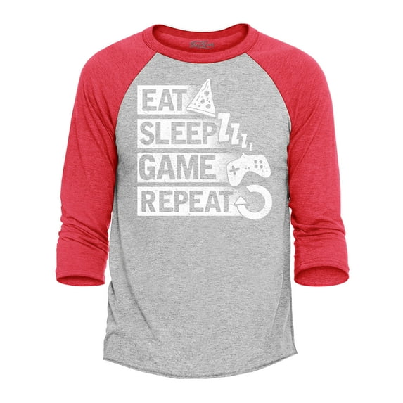 Shop4Ever Men's Eat Sleep Game Repeat Gamer Raglan Baseball Shirt X-Small Heather Grey/Red