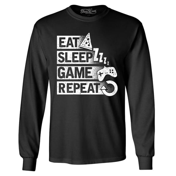 Shop4Ever Men's Eat Sleep Game Repeat Long Sleeve Shirt Large Black