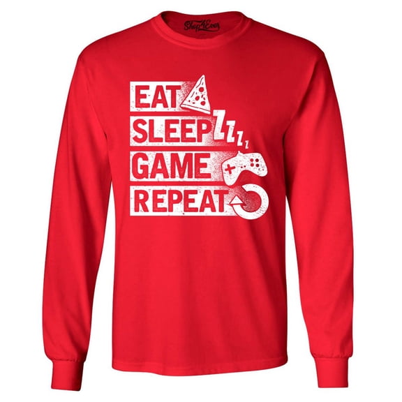 Shop4Ever Men's Eat Sleep Game Repeat Long Sleeve Shirt Large Red