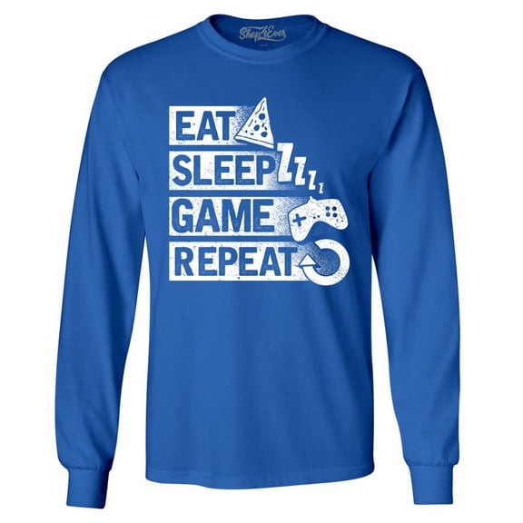 Shop4Ever Men's Eat Sleep Game Repeat Long Sleeve Shirt Large Royal Blue