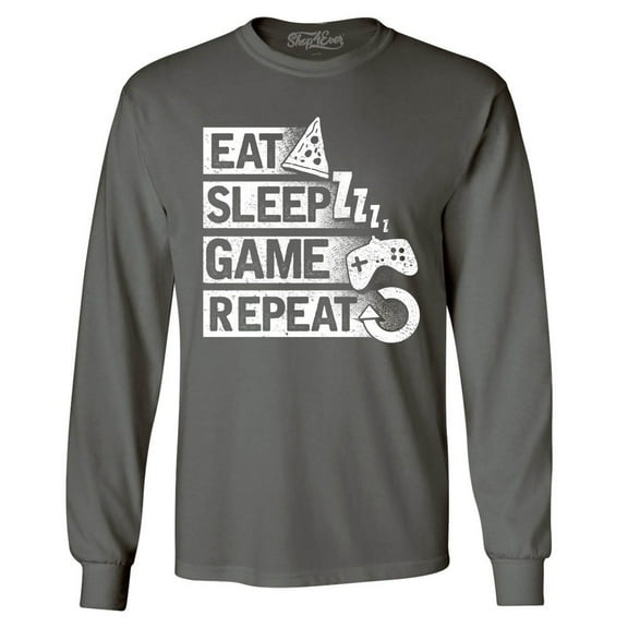 Shop4Ever Men's Eat Sleep Game Repeat Long Sleeve Shirt Small Charcoal