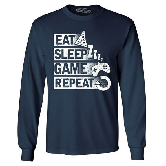 Shop4Ever Men's Eat Sleep Game Repeat Long Sleeve Shirt X-Large Navy