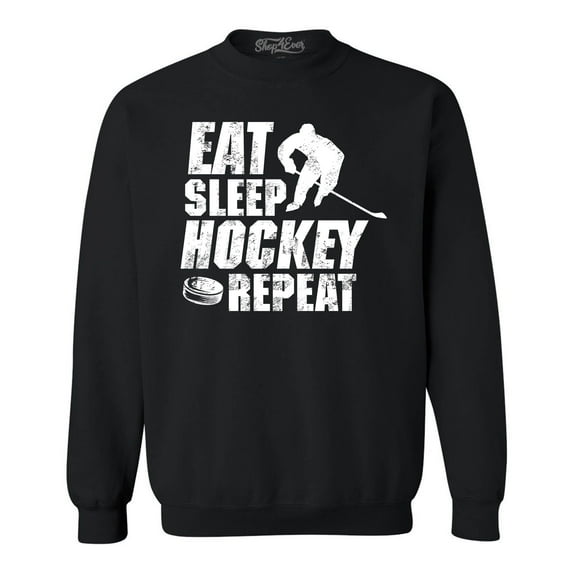 Shop4Ever Men's Eat Sleep Hockey Repeat Crewneck Sweatshirt Large Black