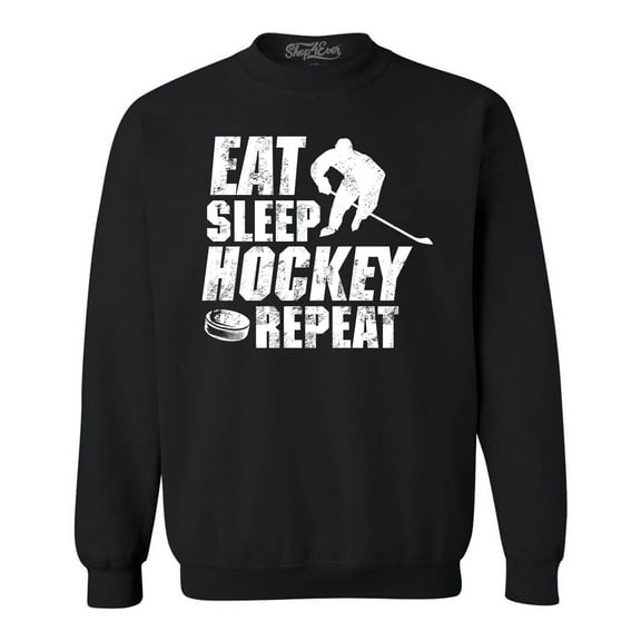 Shop4Ever Men's Eat Sleep Hockey Repeat  Crewneck Sweatshirt XXXXX-Large Black