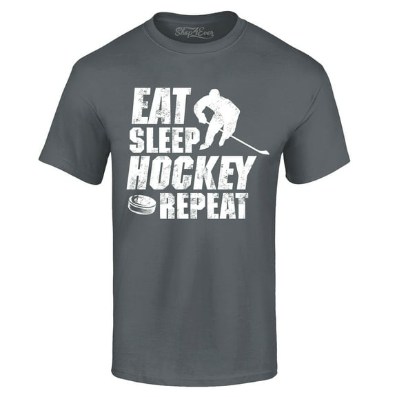 Shop4Ever Men's Eat Sleep Hockey Repeat  Graphic T-shirt XX-Large Charcoal