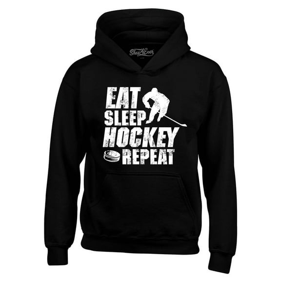 Shop4Ever Men's Eat Sleep Hockey Repeat Hooded Sweatshirt Hoodie Small Black