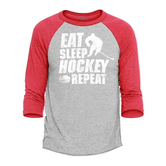 Shop4Ever Men's Eat Sleep Hockey Repeat Raglan Baseball Shirt Large Heather Grey/Red