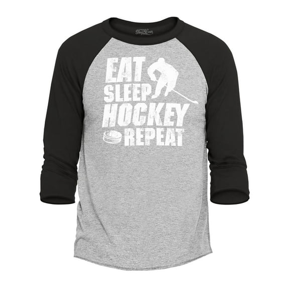 Shop4Ever Men's Eat Sleep Hockey Repeat Raglan Baseball Shirt X-Large Heather Grey/Black