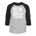 thumbnail image 1 of Shop4Ever Men's Eat Sleep Hockey Repeat  Raglan Baseball Shirt X-Small Heather Grey/Black, 1 of 4
