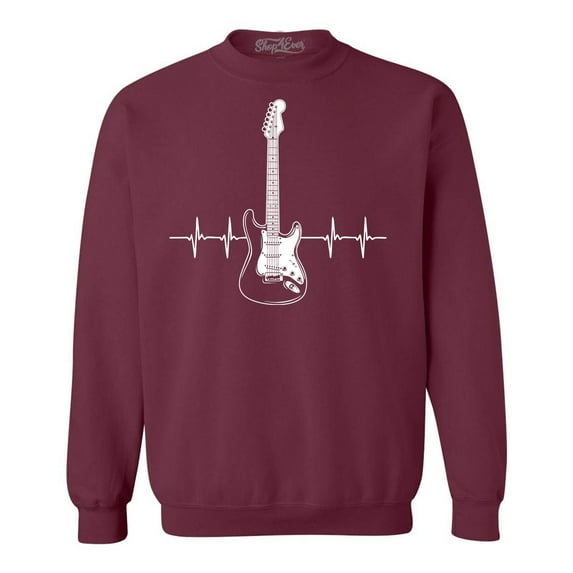Shop4Ever Men's Electric Guitar Heartbeat Musician Crewneck Sweatshirt XX-Large Maroon