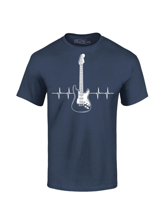 Men's Electric Guitar Heartbeat Musician Graphic T-shirt Medium Navy