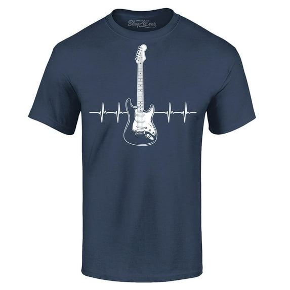 Shop4Ever Men's Electric Guitar Heartbeat Musician Graphic T-shirt XXXX-Large Navy