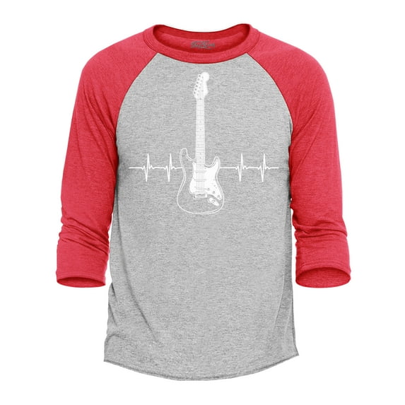 Shop4Ever Men's Electric Guitar Heartbeat Musician Raglan Baseball Shirt X-Small Heather Grey/Red