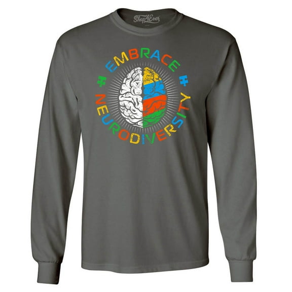 Shop4Ever Men's Embrace Neurodiversity Brain Autism Spectrum ADS Long Sleeve Shirt Medium Charcoal