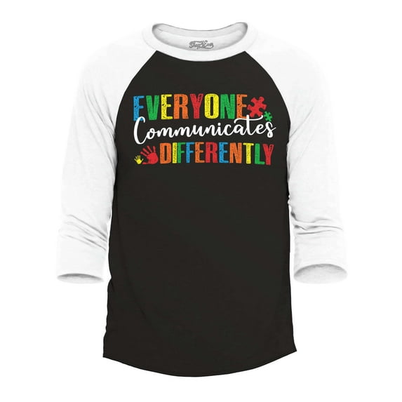 Shop4Ever Men's Everyone Communicates Differently Autism Raglan Baseball Shirt Medium Black/White