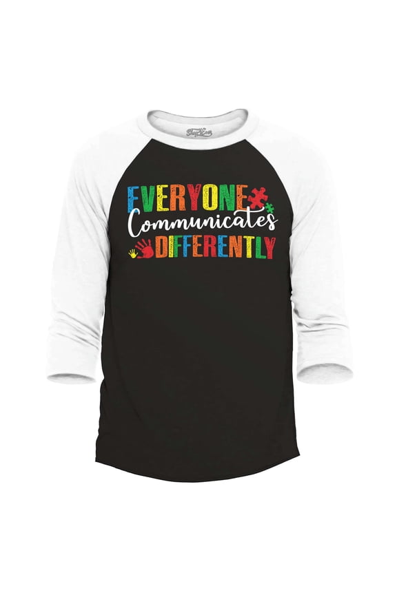 Men's Everyone Communicates Differently Autism Raglan Baseball Shirt Small Black/White