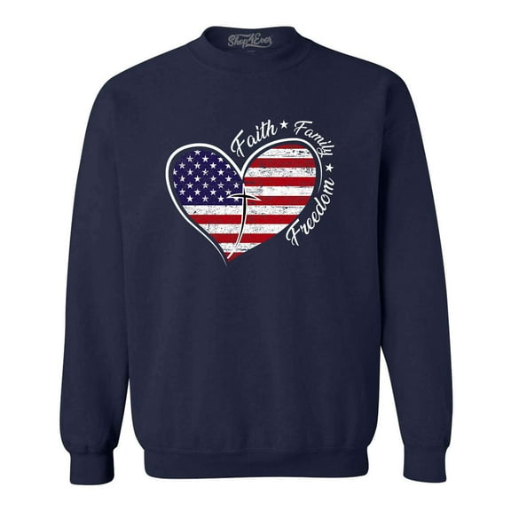 Shop4Ever Men's Faith Family Freedom American Flag Heart USA Crewneck Sweatshirt X-Large Navy