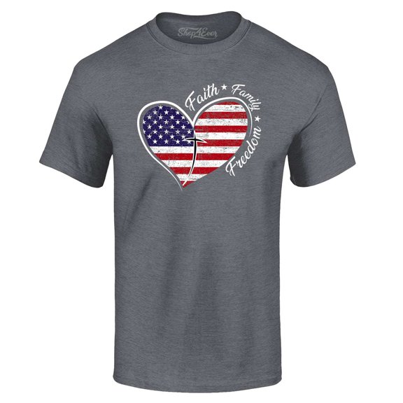 Shop4Ever Men's Faith Family Freedom American Flag Heart USA Graphic T-shirt XXX-Large Charcoal