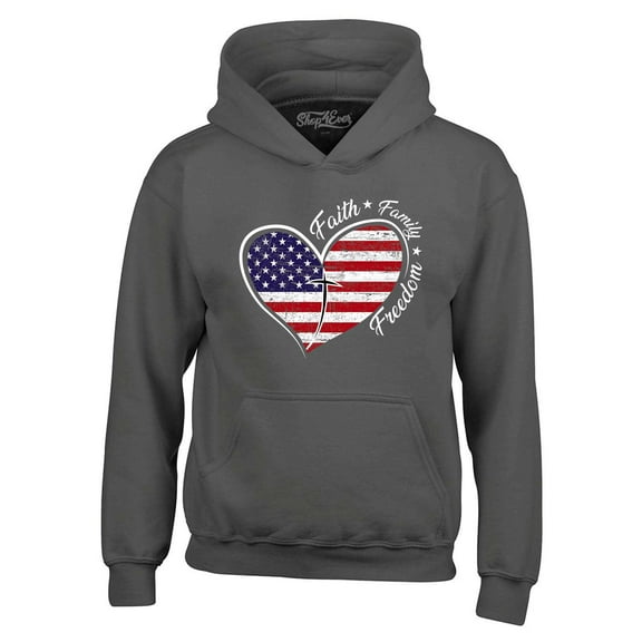 Shop4Ever Men's Faith Family Freedom American Flag Heart USA Hooded Sweatshirt Hoodie Medium Charcoal