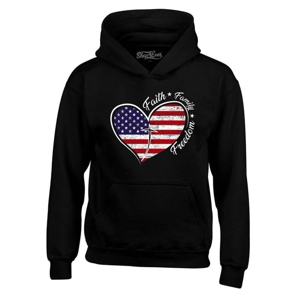 Shop4Ever Men's Faith Family Freedom American Flag Heart USA Hooded Sweatshirt Hoodie Small Black