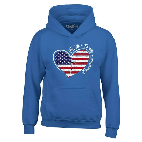 Shop4Ever Men's Faith Family Freedom American Flag Heart USA Hooded Sweatshirt Hoodie Small Royal Blue