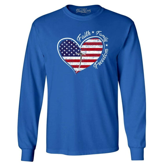 Shop4Ever Men's Faith Family Freedom American Flag Heart USA Long Sleeve Shirt Large Royal Blue