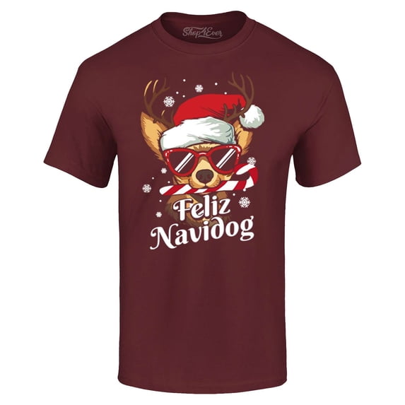 Shop4Ever Men's Feliz Navidog Navidad Dog Santa Chihuahua Graphic T-shirt Small Maroon