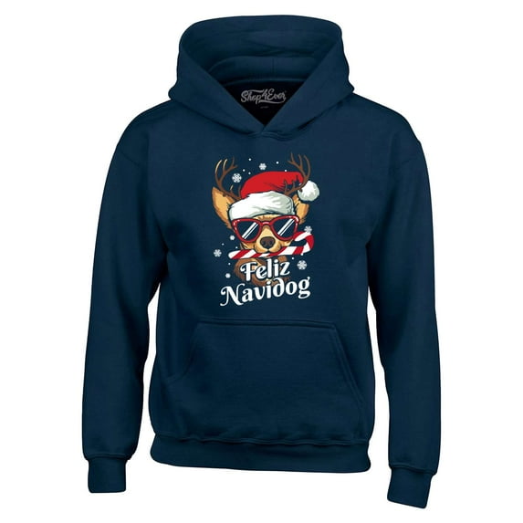 Shop4Ever Men's Feliz Navidog Navidad Dog Santa Chihuahua Hooded Sweatshirt Hoodie Large Navy