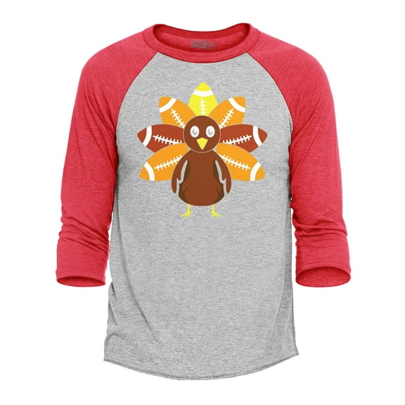 Shop4Ever Men's Football Turkey Thanksgiving Raglan Baseball Shirt Medium Heather Grey/Red