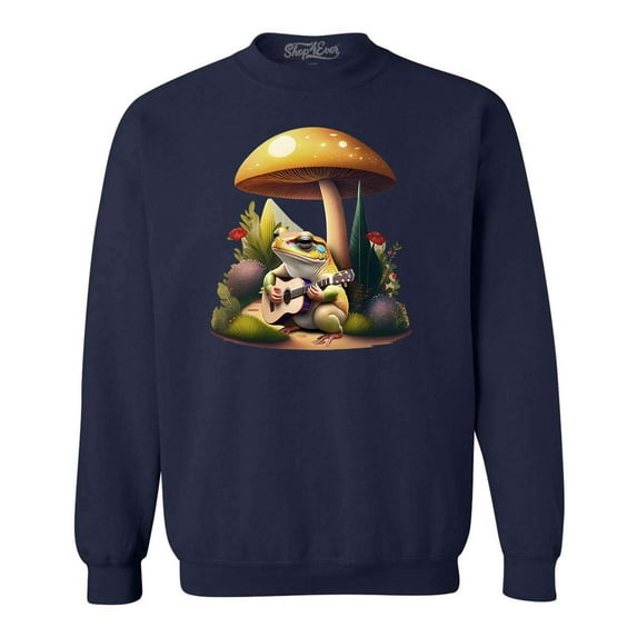 Shop4Ever Men's Frog Playing Guitar Mushroom Cottagecore Crewneck Sweatshirt Medium Navy